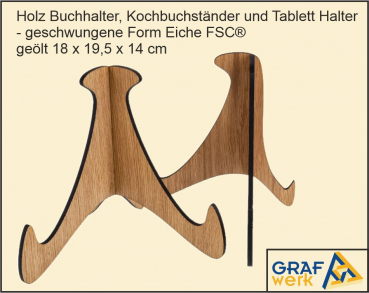Eiche geölt Buchständer und Tablett Halter - geschwungene Form 18 x 19,5 x 14 cm
